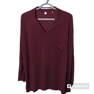 Margaret O'Leary Burgundy 100% Light Merino Wool V Neck Collared Shirt Small‎